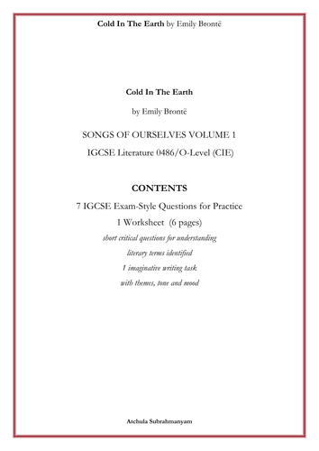 Cold In The Earth by Emily Brontë_7 IGCSE Exam-Style_1 Worksheet  (6 pages)