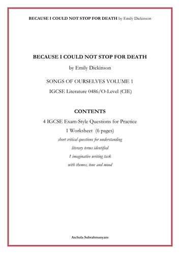 BECAUSE I COULD NOT STOP FOR DEATH by Emily Dickinson_4 IGCSE Exam-Style Questions_ 1 Worksheet