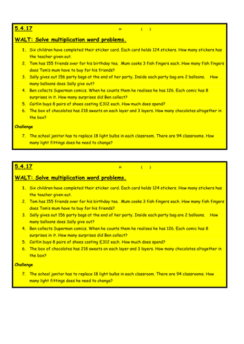 Differentiated Multiplication word problems (problems solving) Year 3 - Maths