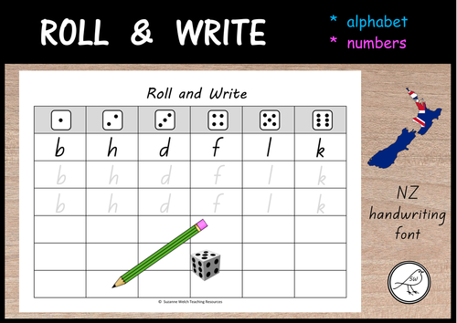 Alphabet and Numbers in New Zealand font – ‘Roll and Write’ Activity