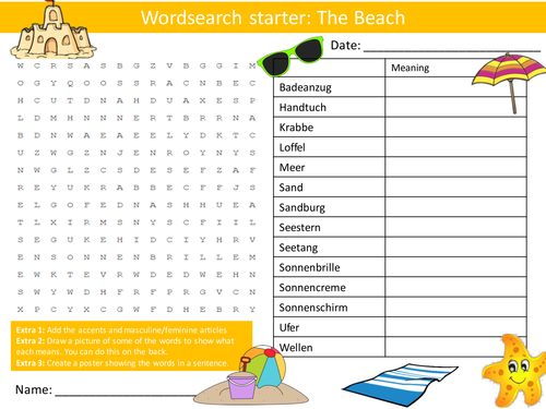 German The Beach Keywords KS3 GCSE Starter Activities Wordsearch, Anagrams Crossword Cover Homework