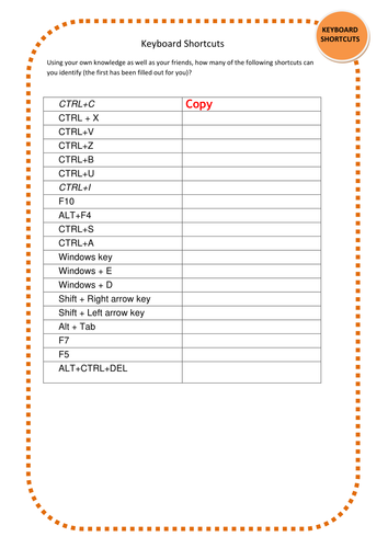 Basic Keyboard shortcut worksheet