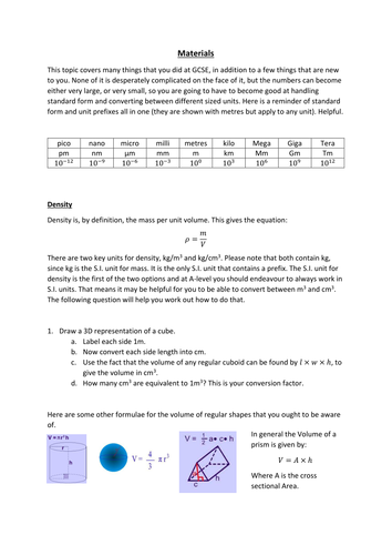 AQA A-level Physics: Materials (notes and question booklet)