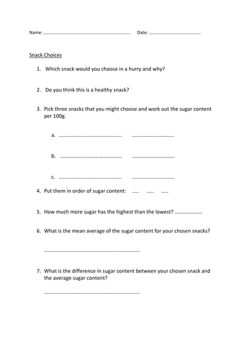 Healthy Snack Choices - Maths questions