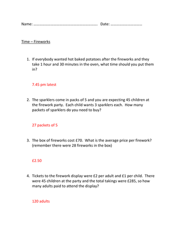 Fireworks Maths - 4 questions