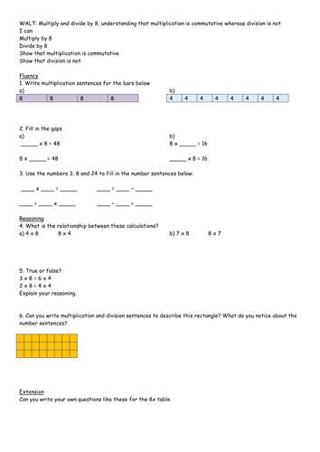 Commutativity worksheet (8x table)