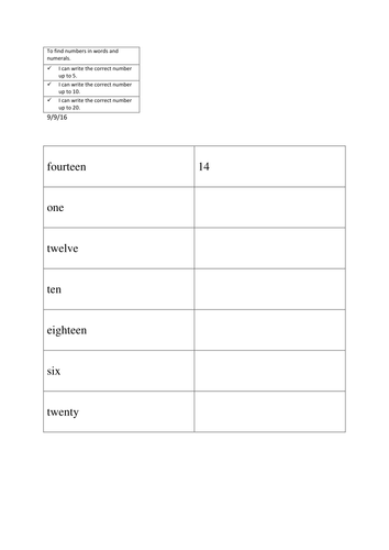 Number recognition in words differentiated worksheets