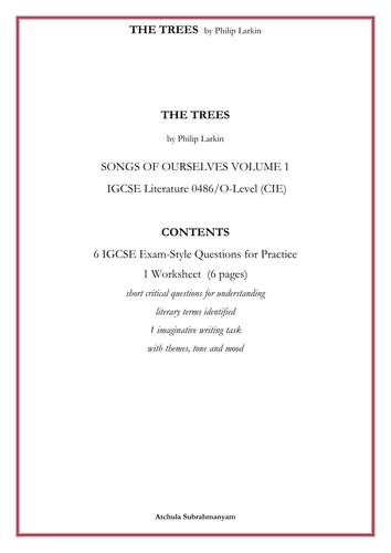 THE TREES by Philip Larkin_6 IGCSE Exam-Style Questions for Practice_1 Worksheet  (6 pages)