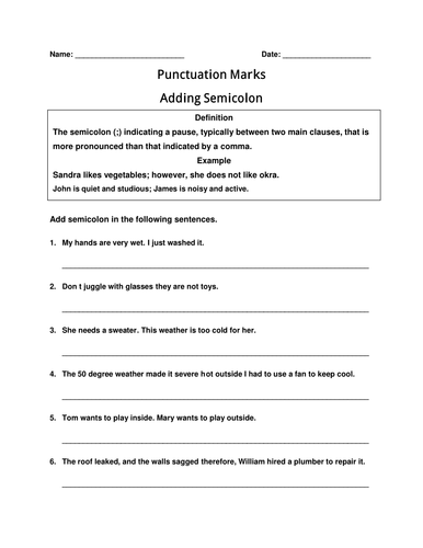 Worksheet of Punctuation Marks- Semicolon with Answer key