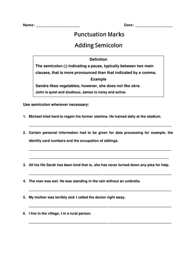 Worksheet of Punctuation Marks-Semicolon with Answer key