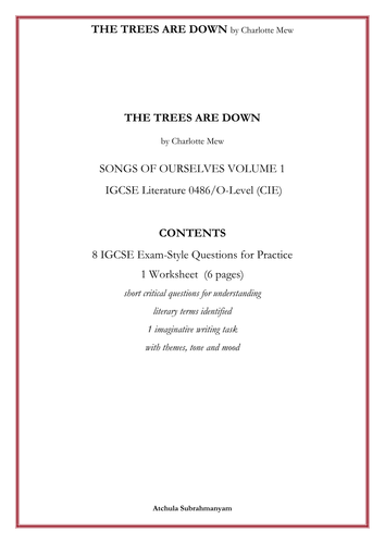 THE TREES ARE DOWN by Charlotte Mew_8 IGCSE Exam-Style Questions for Practice_1 Worksheet  (6 pages)