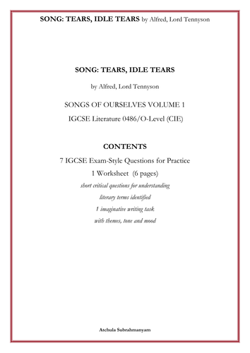 SONG: TEARS, IDLE TEARS by Alfred, Lord Tennyson_7 IGCSE Exam-Style Questions _1 Worksheet