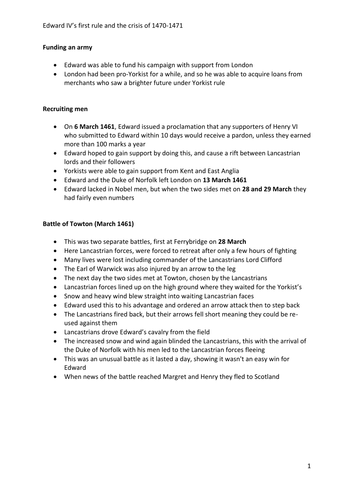 Edward IV's first reign Wars of the Roses | Teaching Resources