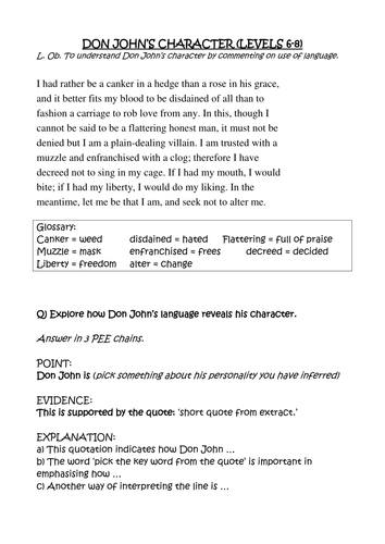 Don John worksheet 2 versions differentiated - Much ado about nothing