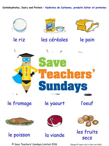 Carbohydrates, Dairy and Protein in French Worksheets, Games, Activities & Flash Cards(with audio)