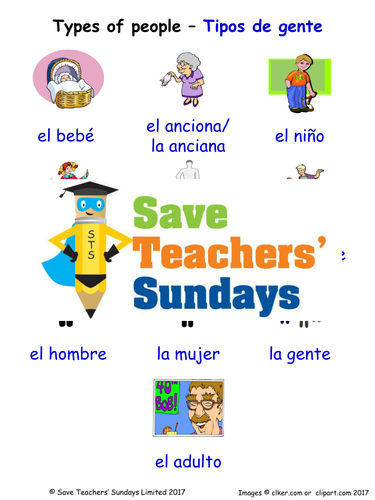 Types of People in Spanish Worksheets, Games, Activities and Flash Cards (with audio)