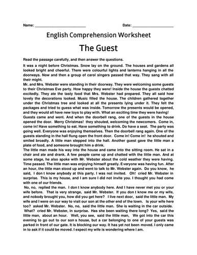 English Comprehension Worksheet- 'The Guest' with Answer Key