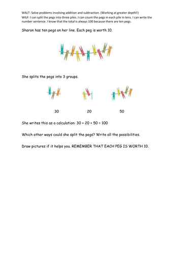 Making 100 using multiples of ten. Investigation. Year 1 and Year 2. KS1