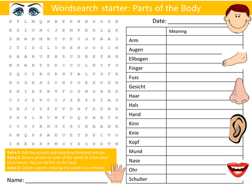 German Parts of the Body Keywords KS3 GCSE Starter Activities Wordsearch, Anagrams Crossword Cover