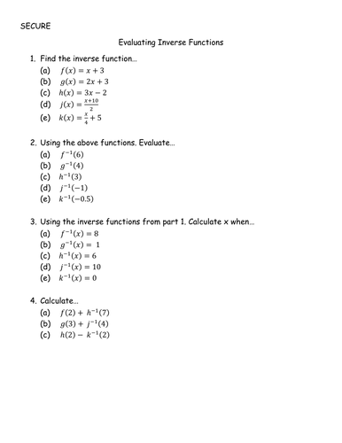 Evaluating Inverse Functions Teaching Resources