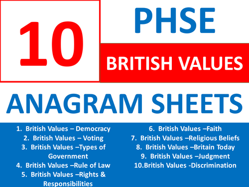 10 Anagram Sheets PHSE British Values PHSEE Keyword Starters Wordsearch Homework or Cover Lesson