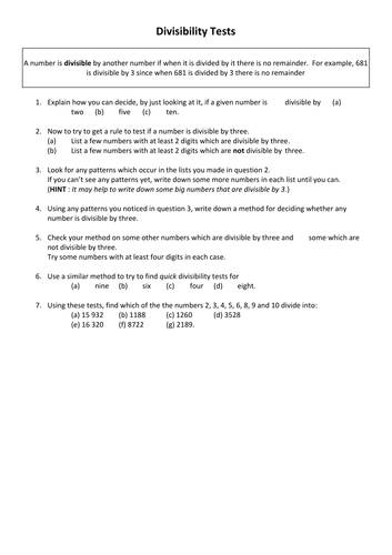 Divisibility Tests Introduction and Extension Sheet