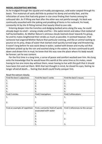 Descriptive writing about war: planning sheet and high level model ...