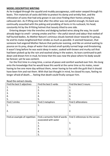 Descriptive writing about war: planning sheet and high level model response to annotate.