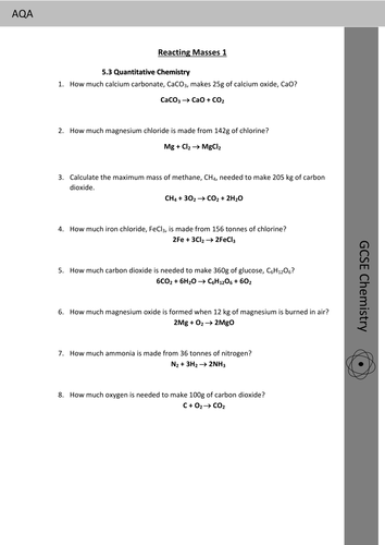 GCSE Chemistry Calculating Reacting Masses worksheet