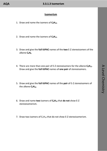 AS Chemistry IUPAC Nomenclature and Types of Isomerism worksheet