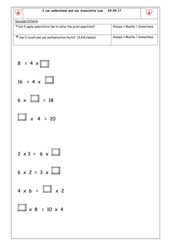 Associative Law Worksheet -(missing number multiplication) and brief lesson Plan Y3