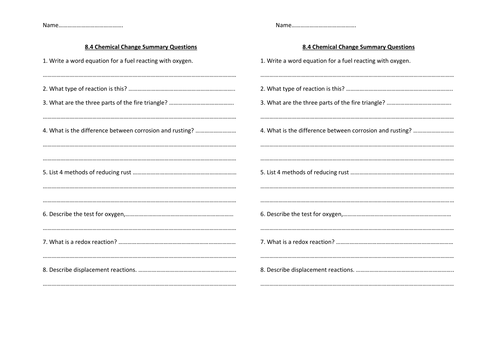 y8 Chemical Change summary questions