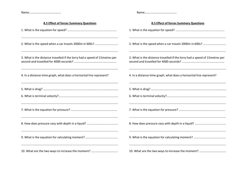 y8 forces summary questions