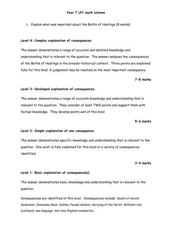 Year 7 medieval england assessment based on AQA 8145 criteria