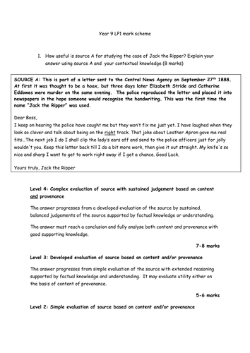 KS3 assessment on Jack the Ripper, JFK assassination and civil rights  using AQA 8145 criteria