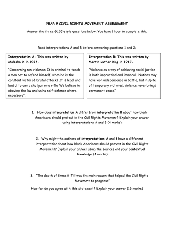 KS3 Civil Rights Movement assessment linked to AQA 8145 GCSE