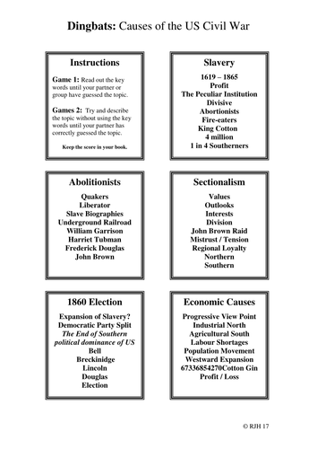 Revision / Dingbat Cards: Causes of the American Civil War 1860 - 1865