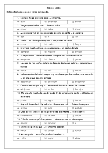 Spanish GCSE revision vocabulary verb gap-fill revision A* structures