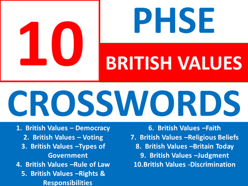 10 Crosswords PHSE British Values PHSEE Keyword Starters Wordsearch Homework or Cover Lesson