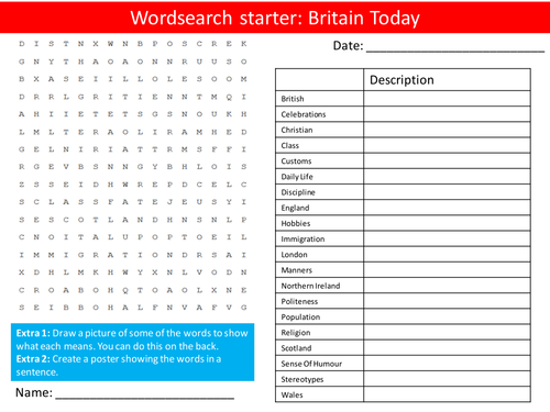 British Values Britain Today PHSE Keywords Starter Activities Wordsearch, Anagrams Crossword Cover