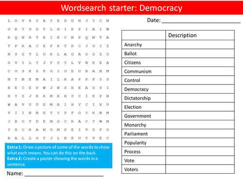 British Values Democracy PHSE Keywords Starter Activities Wordsearch, Anagrams Crossword Cover
