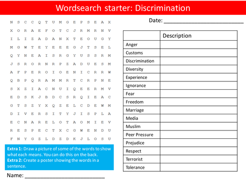 British Values Discrimination PHSE Keywords Starter Activities Wordsearch, Anagrams Crossword Cover