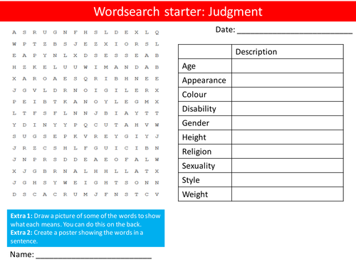 British Values Judgement PHSE Keywords Starter Activities Wordsearch, Anagrams Crossword Cover