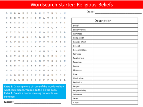 British Values Religious Beliefs PHSE Keywords Starter Wordsearch, Anagrams Crossword Cover