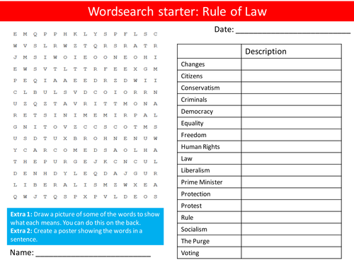 British Values Rule of Law PHSE Keywords Starter Activities Wordsearch, Anagrams Crossword Cover