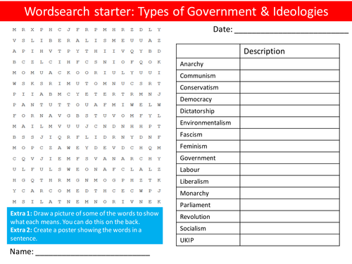 British Values Types of Government PHSE Keywords Starter Wordsearch, Anagrams Crossword Cover