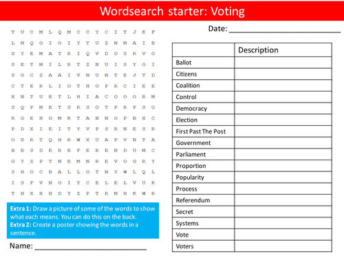 British Values Votes & Voting PHSE Keywords Starter Activities Wordsearch, Anagrams Crossword Cover
