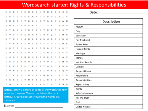British Values Rights & Responsibilities PHSE Keywords Starter Wordsearch, Anagrams Crossword Cover