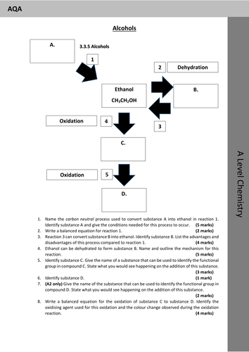 AS Chemistry Alcohols Revision Worksheet - A reaction scheme with questions