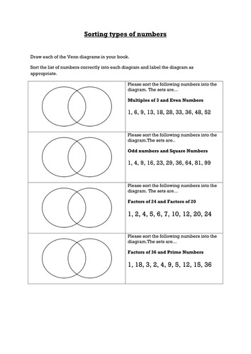 Factors, Multiples, Primes into Venn Diagrams